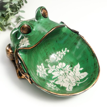 Souvenir Polystone stand "Frog with flowers" aged green 18x26 cm-5