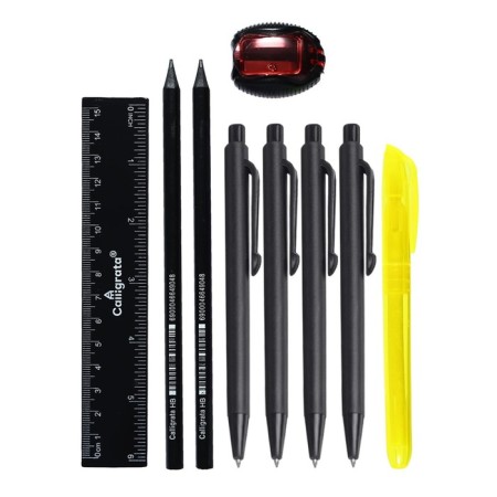 Cleaning set 10 objects (pencil case 65 x 210 mm, pens 4 pieces Blue, ruler 15 cm, sharpener, pencil 2 pieces, textbook), gray-6