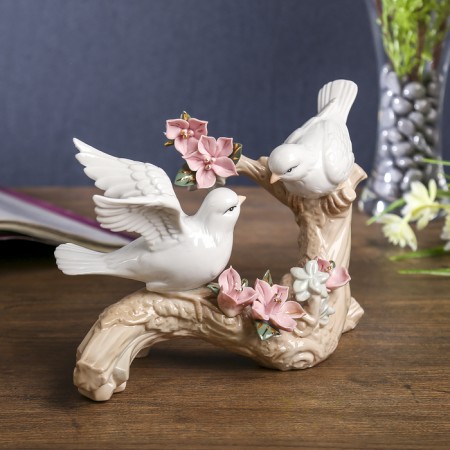 Souvenir ceramics "Two birds on a branch with flowers" 14x21x9 cm-1