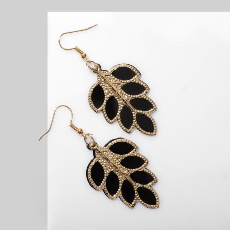 Earrings hanging "leaves" duo, golden-black color, 6 cm-1