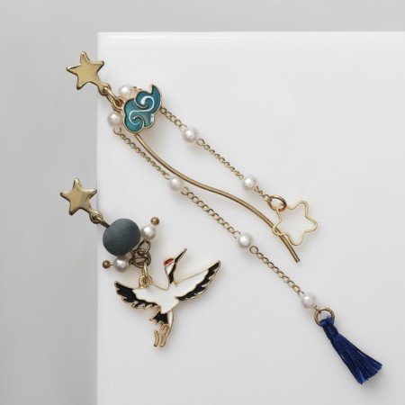 Earrings with pearls "Japan" stork and stars, colored in gold