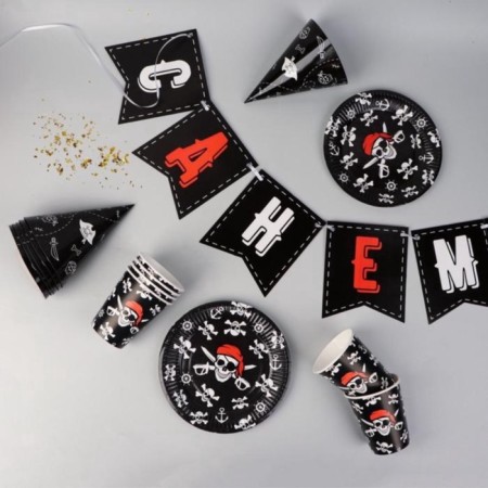A set of paper utensils "Pirate": 6 plates, 6 glasses, 6 caps, garland