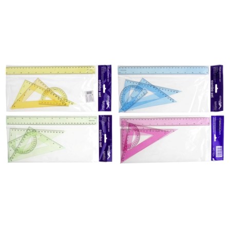 Geometric set: ruler 30 cm, 2 squares, transport, tinted, mix