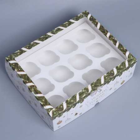 Folding box for 12 cupcakes with the window "Happy New Year!" 32.8 x 25.6 x 10 cm, New Year-2