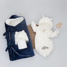 Kinderlitto “Freckle” discharge kit, 5 objects: blanket-convert, hat, overalls-slip, overalls, hat, demi-season, height 50-56 cm, dark blue color