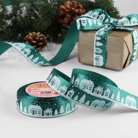 Satin tape "houses", 25 mm, 23 ± 1 m, green color No. 56