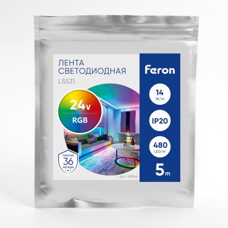 Feron 5 m, IP20, COB LED strip, 480 LED/m, 14 W/m, 24 V, glow of RGB-2