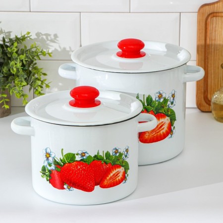 Set of pan "Sadovaya strawberries", 2 items: 3.5 l, 5.5 l, enameled covers, induction