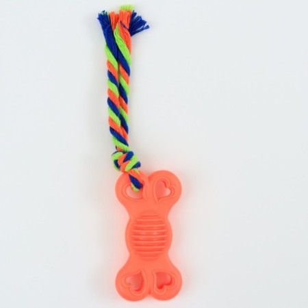 Chewing toy with a rope "Bone on a leash", 9.5 cm, pink-1