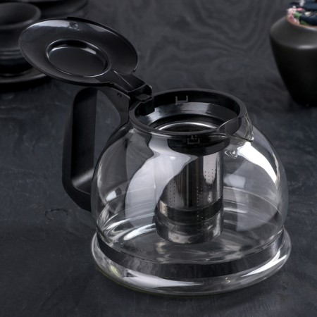 Glass teapot “Illusion”, 1.6 liters, with metal sieve, black color-1
