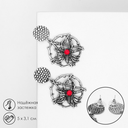 Earrings "Spiders", red color in black silver