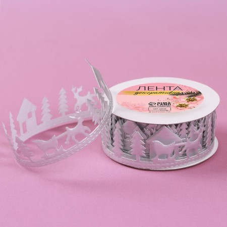 Decorative curly tape "New Year's forest", 30 mm, 9 ± 0.5 m, silver color-1