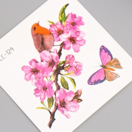 Tattoo on the body color "Rosehip and bird with a butterfly" 6x6 cm-1