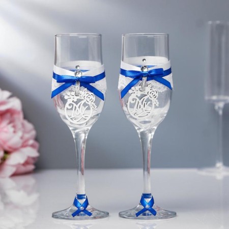 A set of wedding glasses "Romance", handmade, blue-serebly, 6x6x20.5 cm