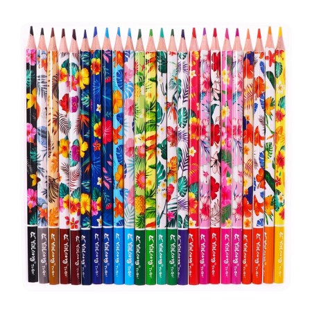 Pencils 24 colors in a cardboard box, hexagonal, wooden, flowers on a black mix-2