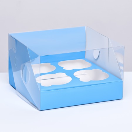 Confectionery folding box for 4 cupcakes 16 x 16 x 10, blue