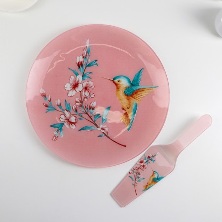 Glass cake with a shoulder blade "Hummingbird", d = 30 cm, blade 26.5 × 7 cm, pale pink color