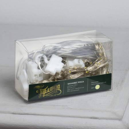 Garland "Curtain" 2.8 × 3 m dew on hooks, IP20, silver thread, 300 LED, glow warm white, flicker, USB-3