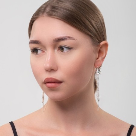 Hanging earrings with “Evening” large crystal, 3 lines, white color in silver, 9 cm-4