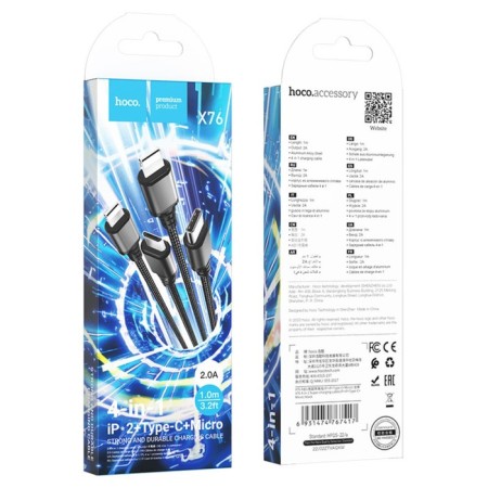 Cable Hoco X76, 4 B 1 Lightning/Lightning/Type -C/Micro USB - USB, 2 A, 1 m, nylon, black-5