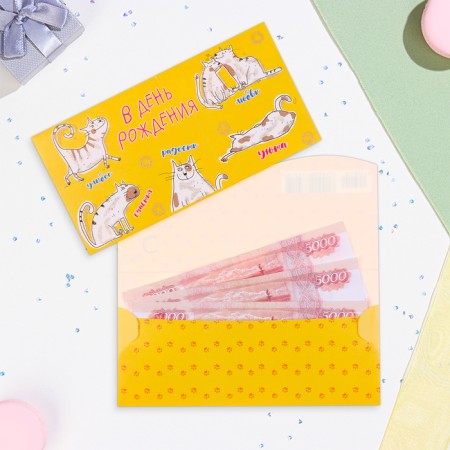 Money envelope "On Birthday!" wishes from a cat, 17 x 9 cm