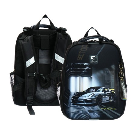 School backpack 38 x 30 x 16 cm, ergonomic back, Stavia "rally", black