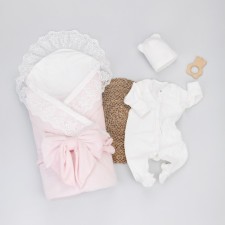 Kinderlitto “Bristol” discharge kit, 5 items: blanket, diaper, jumpsuit-slip, cap, bow, demi-season, height 50-56 cm, pink color pink color