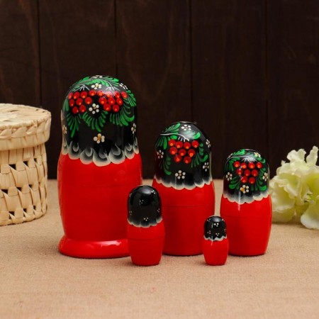 Matryoshka "Bullfinchi in mountain ash", black scarf, 5 puppet, 15 -18 cm-2