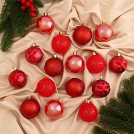 Set of balls plastic D-6 cm, 16 pcs "Melody" Pattern Crack, Red