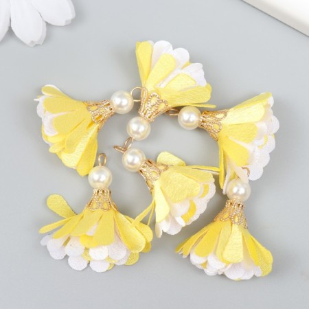 Decor Textile "Flower 2 colors with pearls. Yellow and white" set 6 pcs 3 cm-2