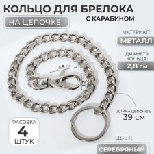Ring for a keychain on a chain, with a carbine, d = 28 mm, 39 cm, silver color