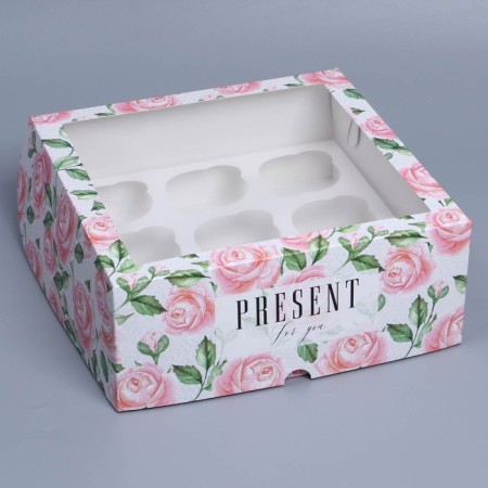 Capcake box, confectionery packaging with a window, 9 rose cells, 25 x 25 x 10 cm