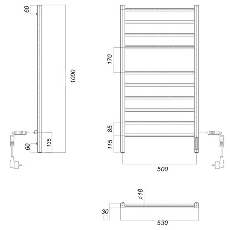 Domoterm electric heated towel rail "Cuba" P10, 500x1000 mm, right, black matte-3