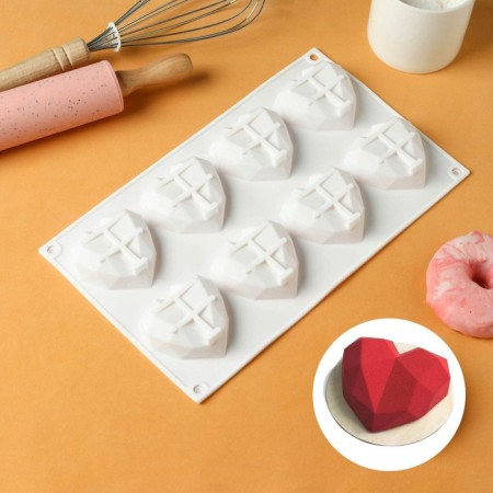 Form for mousse desserts and baking konfinetta "heart", silicone, 29 × 17 × 2 cm, 8 cells, white color