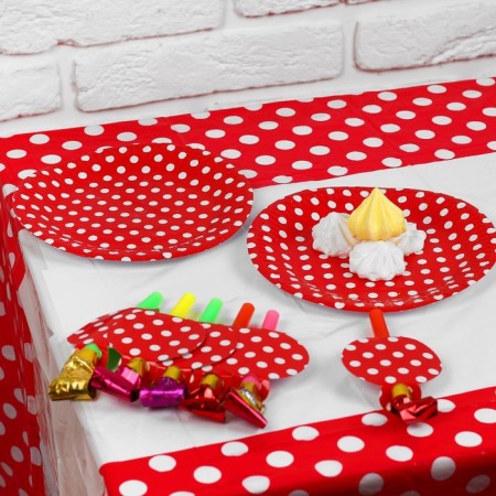 Set for the holiday "Peas", tablecloth 180x108 cm, 6 plates, 6 tongues, red color