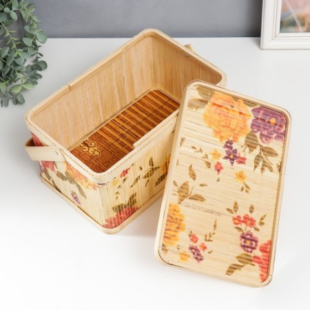 Bamboo box "Garden with peonies" rectangular, with handles 16x18x28 cm-3