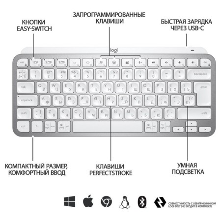 Keyboard Logitech MX Keys Mini Silver/White USB wireless BT/Radio LED (920-01050 107890-5