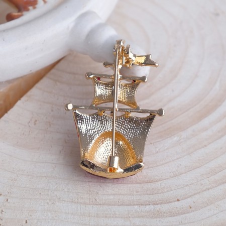 Brooch "Ship" Sail, Red color in gold-1