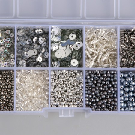 Glass beads 8/0, 12/0 in the box "silver" beads, glass and sequins 13x6.5x2.3 cm-1