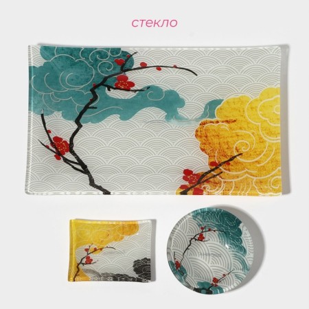 SUSHIC SUSHIC made of glass “Abstraction”, 3 objects: sauces 8 × 2 cm, 8 × 6 cm, stand 25 × 15 × 2 cm-1