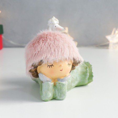 Polystone souvenir "Girl in a fluffy pink hat lies with a poodle on her back" 13.5x9x9 cm-1