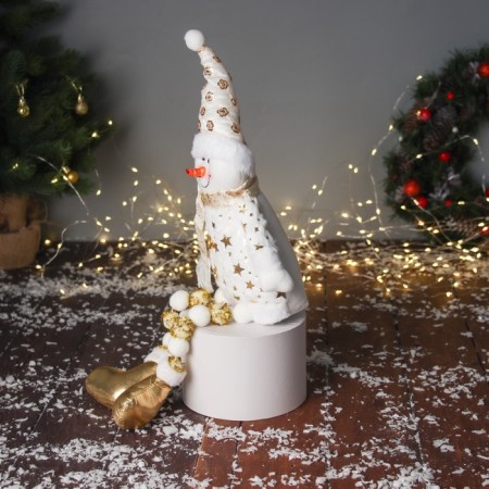 Soft toy "Snowman in a suit with stars and in a cap" 46x19 cm, golden-white-3