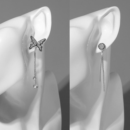 Hanging earrings with rhinestones "Butterfly" and a circle, black and white color in silver-3