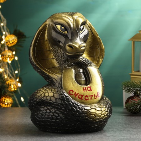 The piggy bank "Snake with the horseshoe" Black-gold, 21cm
