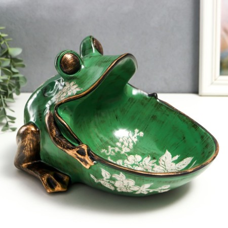 Souvenir Polystone stand "Frog with flowers" aged green 18x26 cm