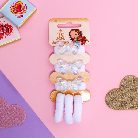 Hair gum "Tenderness" (set 6 pcs) butterfly, 2 cm, white