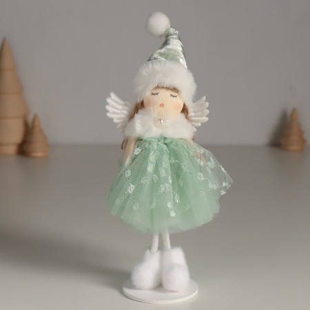 Interior doll "Angel in a green dress with a white collar" 5.5x6.5x20.5 cm
