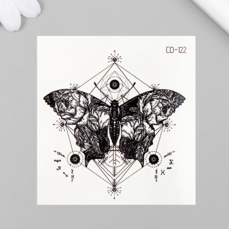 Tattoo on the body black "butterfly with geometry" 8x7.5 cm