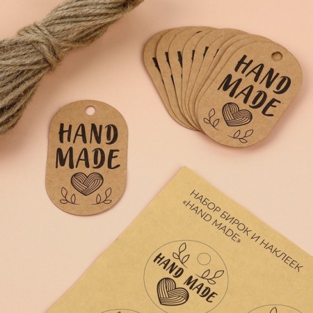 A set of tags with jute and stickers "Hand Made", 10 pcs, 3.5 × 6 cm / 6 pcs, 4 × 4 cm, color crafting