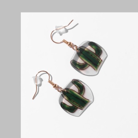 Earrings plastic "Cacti" in a square, green color-1